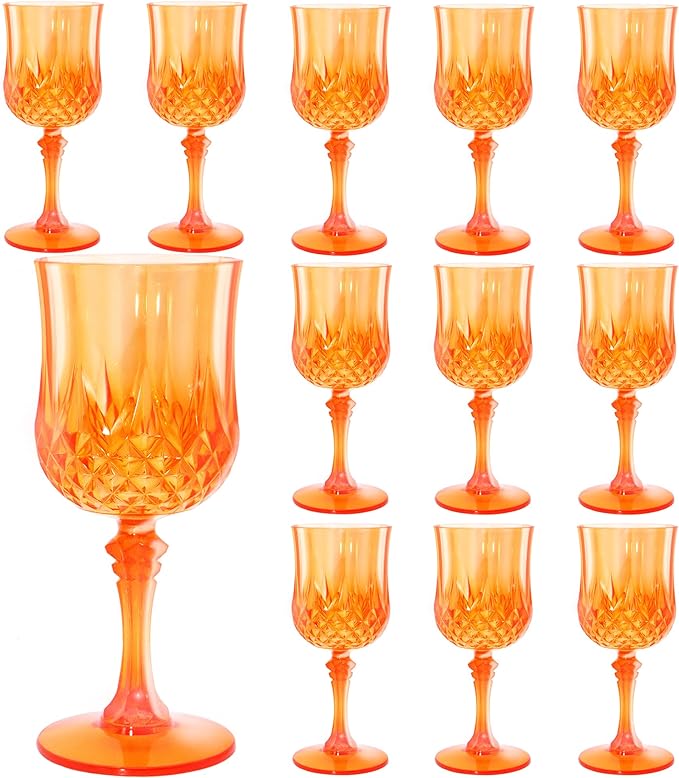 LEYIQU Plastic Wine Glasses, Plastic Goblets Vintage Style Cordial Drinking Glasses for Valentine’s Day, Wedding Reception, Grand Event Party Supplies (12, Pumpkin orange)