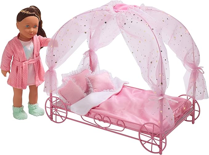 Badger Basket Elegant Royal Carriage Bed for 18-Inch Dolls with Canopy, Bedding, and LED Lights - Pink and White Stars