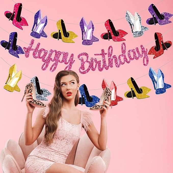 High Heel Theme Banners Rose Gold High Heel Birthday Decorations Girls Birdal Shower Wedding Party Supplies Stiletto Shoes Party Favor Banners for Women Birthday Decor