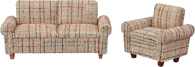 Dollhouse Sofa Armchair Upholstered, Miniature Living Room Furniture Chair, Fabric, Accessories for 6 inch Dolls, 1/12 Scale (Beige Retro)
