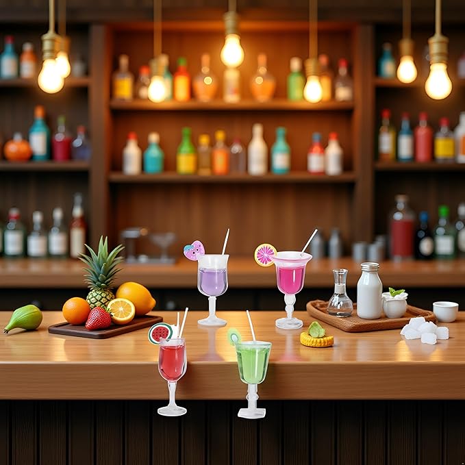 4 Pcs Miniature Dollhouse Juice and Wine Bottle Set – Resin Cocktail Cups, Simulated Drink Models for Dollhouse Kitchen Decor, Mini Props for DIY Craft Display, Decorations (1.37 x 0.39 Inch)