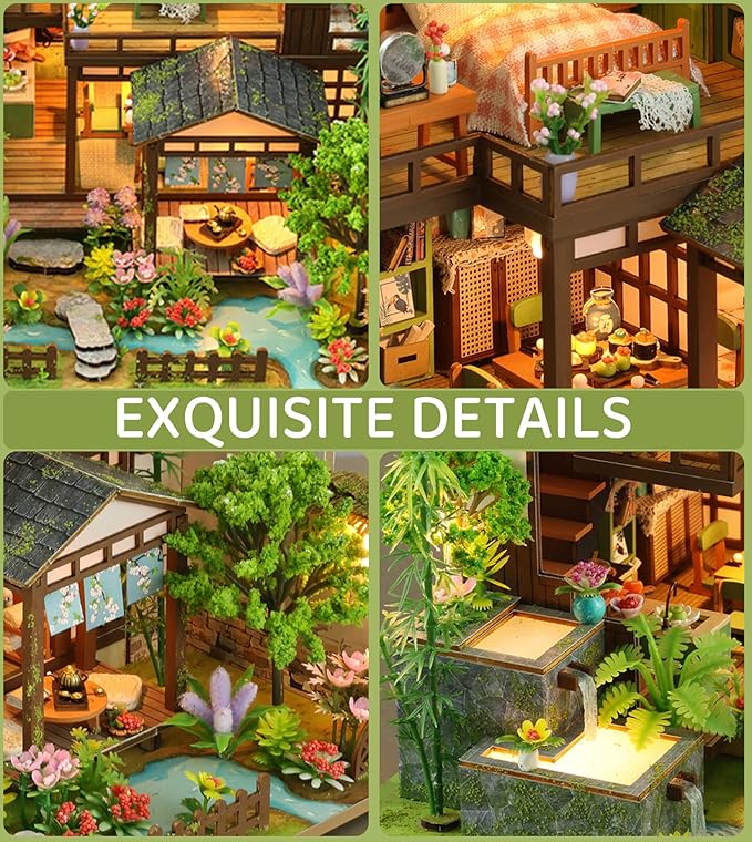Spilay Miniature Dollhouse Miniature House Kit, DIY Kit Mini Modern Villa Model with Music Box, Best Christmas Birthday Gift.(Bamboo Spring Courtyard)