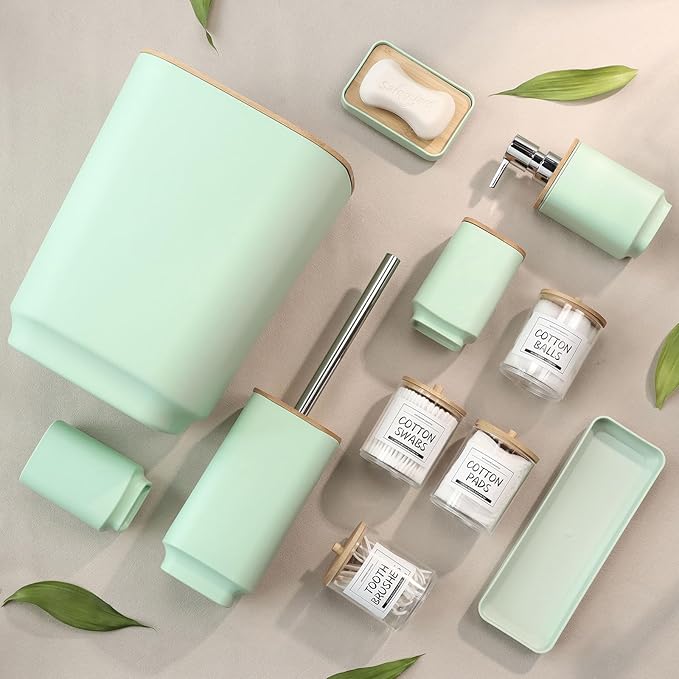 IMAVO Bathroom Accessories Set,Green Bathroom Set,11 Pieces Bathroom Accessory Set,Trash Can for Bathroom Accessories Décor and Housewarming Gifts
