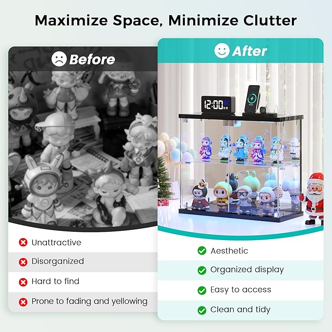 2pcs LED Clear Glass Display Case - for Figures & Collectibles, Small 2-Tier Display Cabinet with Charging Station, Display Box with Lights & Human Sensor, for Model Car, Perfume, Black