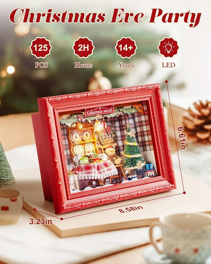 Rolife 3D Diorama Frame, Wall-Mounted Shadow Box & Dollhouse Display Case for & Christmas Decor, Quick-Build Unfinished Kit, Halloween Memorial Gift for Families (Christmas Eve Party)