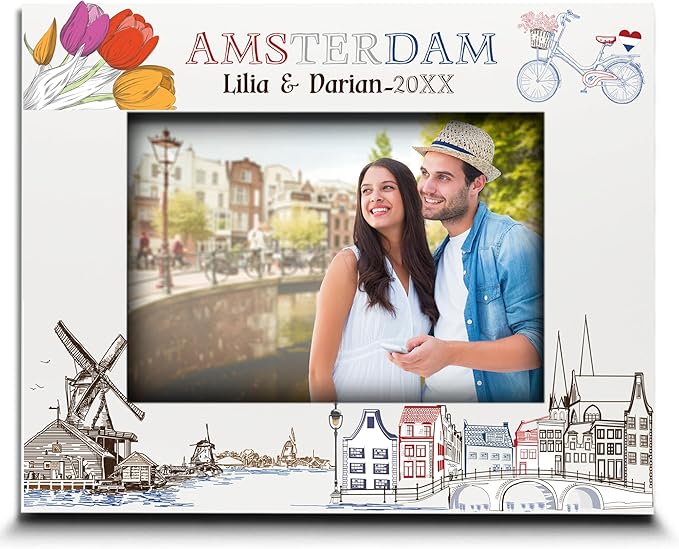 BELLA BUSTA-Personalized Europe Travel Picture Frame– Custom Amsterdam Photo Frame with City & Country-Honeymoon, Vacation, Adventure, Favor Keepsake (Amsterdam (5x7 Horizontal))