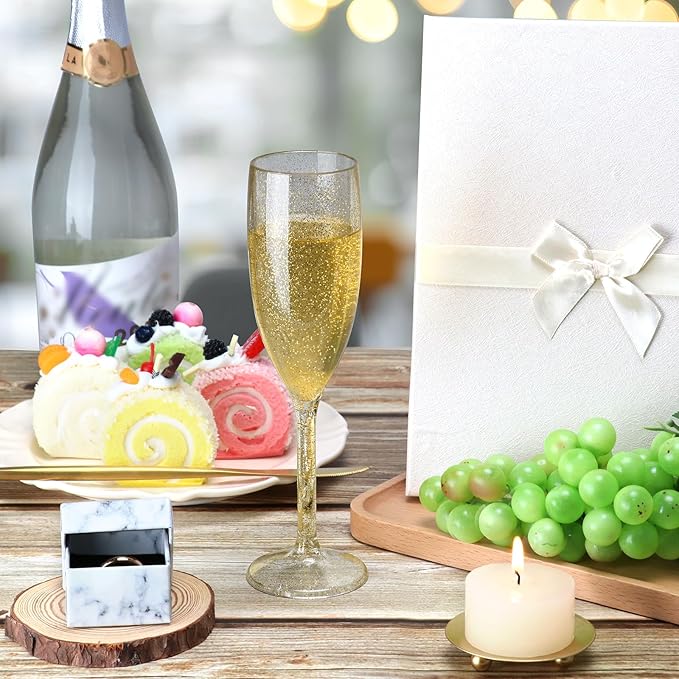 XUWAIDSGN 24 Pcs Reusable Champagne Flutes Plastic Wine Glasses Bulk Vintage Champagne Flutes Mimosa Bar Glasses Stemmed Drinking Cups 5.4OZ for Christmas Birthday Wedding Bride