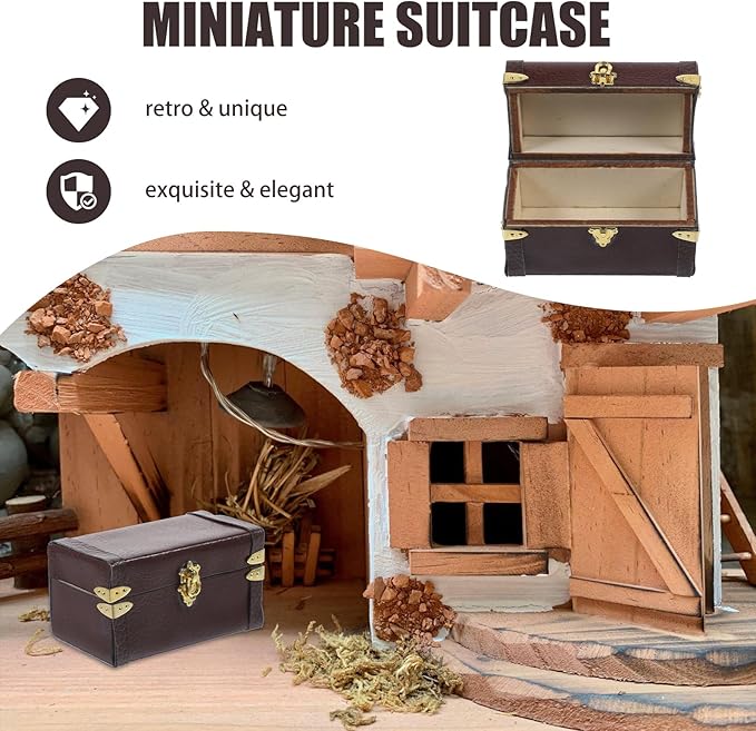 Vintage Dollhouse Miniature Suitcase Model Storage Case for Mini House Decor Elegant Wooden and Leather Travel Trunk Miniature Luggage for Dollhouses and Play Scenes