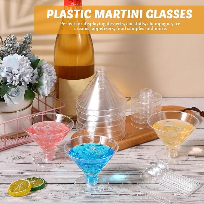 Yinkin 24 Pcs 5 oz Plastic Martini Glasses Disposable Clear Cocktail Dessert Parfait Glasses Unbreakable Mini Martini Cups for Wedding Party Bowl Wine Ice Cream (Stemless)