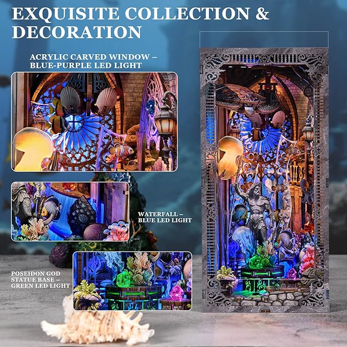Book Nook Kit - DIY Miniature House Dollhouse Kit for Adults and Teens, Booknook Tiny House Atlantis Bookshelf Decor 3D Wooden Puzzle with LED Light, Gifts for Family and Friends (Atlantis)