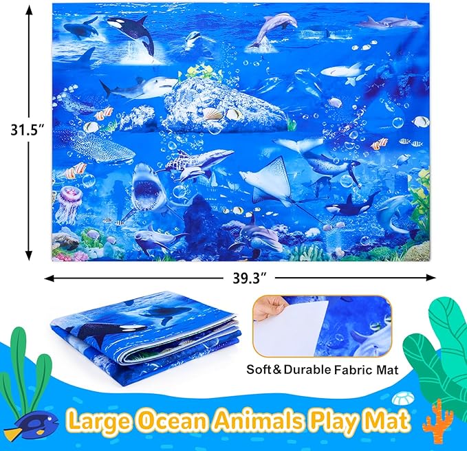 GINMIC Kids Ocean Animals Toys with Large Play Mat , 18 Pack Assorted Realistic Sea Animal Toys with Carrier Bag Including Shark, Whale, Dolphin etc, for Toddler, Boys & Girls Ages 3-8