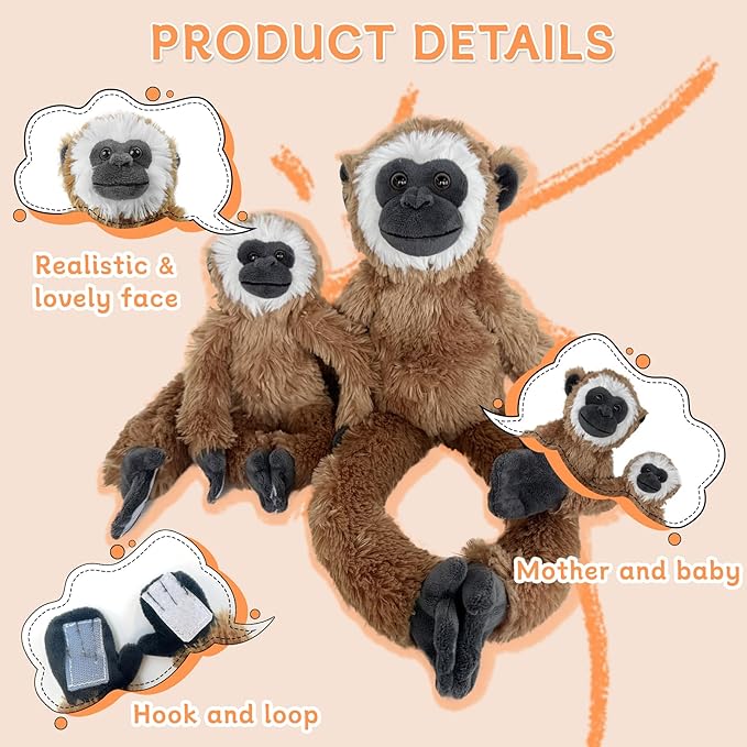 2pcs Monkey Hanging Stuffed Animal Mother with Baby Hangs Plush Toys, Hooks and Stuffed Animals with Rings for Kids, Gifts for Boys and Girls (Brown