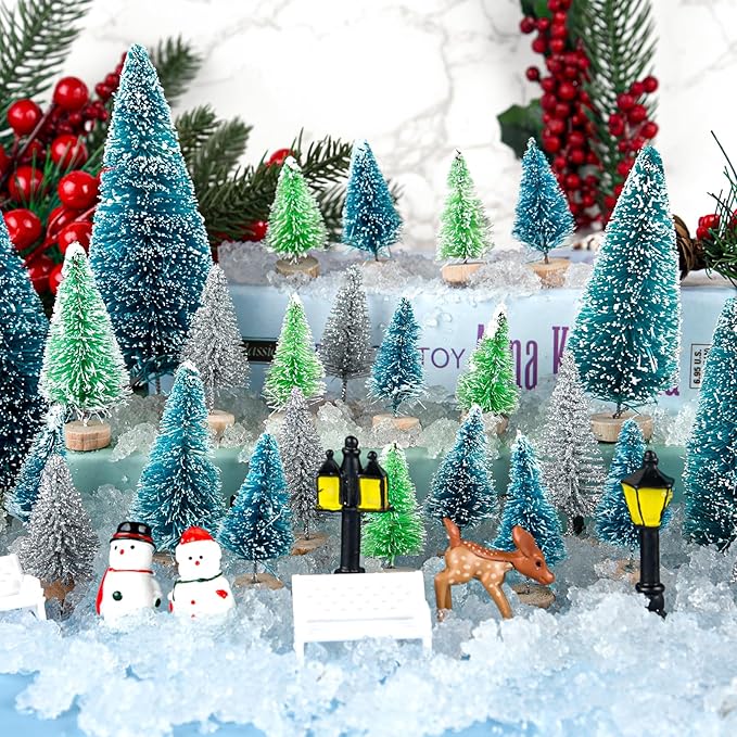 BOUBONI Mini Christmas Tree 35PCS Christmas Village Sets with Crafts Reindeer Snowmen Benches Street Lamp for Xmas Decorations Indoor Party Home Table Craft (Multicolor)
