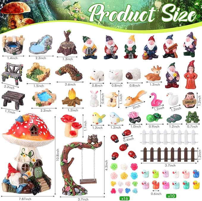 HyDren 100 Pcs Fairy House Garden Kit Accessories Miniatures Fairy Figures Gnomes Statue Lights Mushroom House Micro Landscape Ornaments for DIY Outdoor Dollhouse Decoration Gift for Christmas