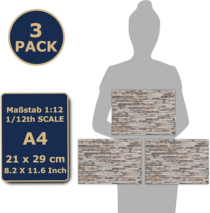 3 Sheets Self-Adhesive Flooring for Dollhouse 1:12 Scale (Shabby Blue White)