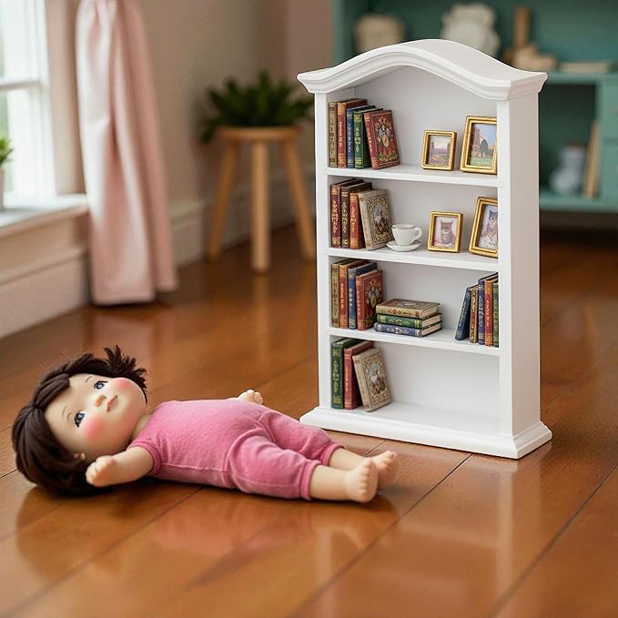 Miniature Book Shelf 1:12 Mini Bookshelf Dollhouse Furniture Accessories White Wooden Bookcase for Doll House, Books Storage Shelves, Classic Display Decoration Accessories, Cute Small Items