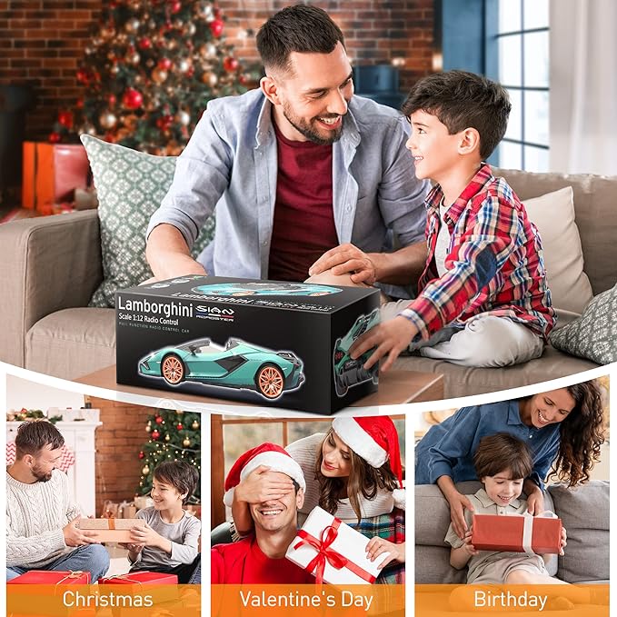 MIEBELY Lamborghini Remote Control Car, 1:12 Scale Lambo Toy Car 2 X 7.4V 900mAh Officially Licensed 12Km/h Fast Rc Cars with Led Light 2.4Ghz Model Car for Adult Boys Girls Birthday Ideas Gift - Blue