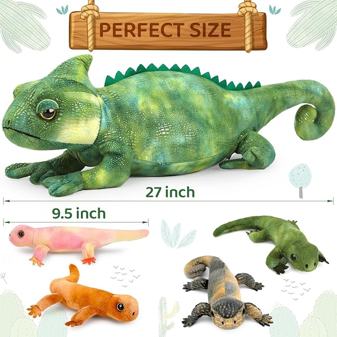 5Pcs Giant Lizard Plush, 27" Mother Iguana Stuffed Animal with 4 Baby Lizard Plushies, Bearded Dragon Plush Toy for Kids Boys Girls, Stuffed Chameleon for Christmas Birthday Gift