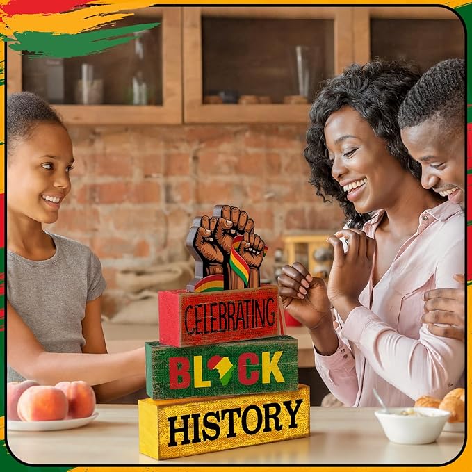Moucuny 4 Pcs Black History Month Table Decorations Wooden Wrist Black History Month Tiered Tray Decor Red Yellow Green African American Centerpiece Rustic Wrist Block Signs Gift Farmhouse for Home