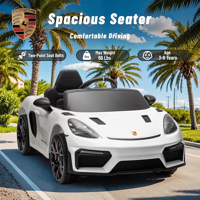 12V Ride on Car Licensed Porsche 718, Kids Electric Car with Remote Control, Front/Rear LED Light, Radio, USB/AUX, Openable Doors, Suspension Function, Durable Tires (White)