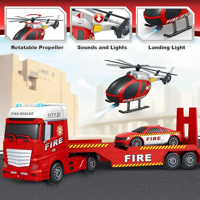 Kids Toys for 3 4 5 6 7 8 Years Old Boys, 25" Fire Truck Toy with Racing Car and Helicopter, Toddler Friction Powered Truck Vehicle Toy with Lights, Sounds for Boys Girls Christmas Birthday Gifts