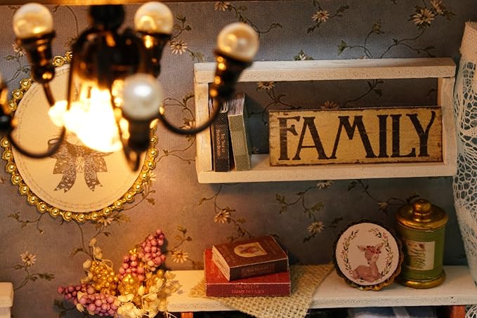 DIY Miniature Dollhouse Kits - Wooden Mini Model House with LED Lights, Tiny Furniture & Accessories – Craft Building Kits for Adults – Birthday Christmas Valentine's Gift- Blue Times