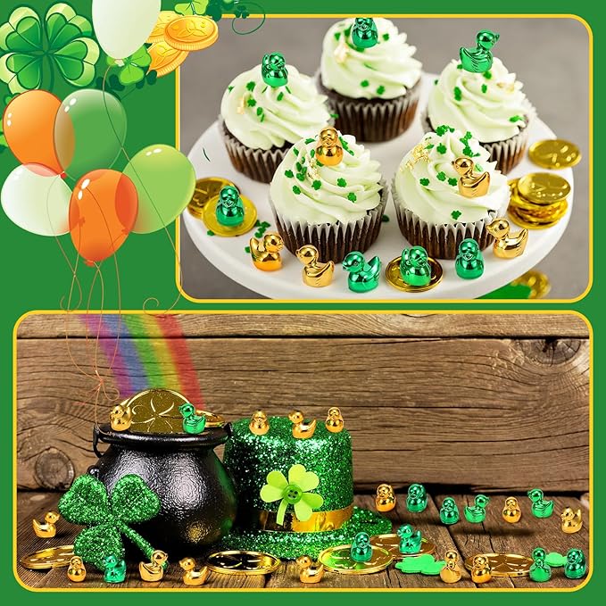 100 Pcs Shiny St. Patrick's Day Mini Duck Figures Colorful Irish Festival Duck Decor Micro Landscape Aquarium Garden Hide and Seek Decoration Charm for Party Gift(Green Gold)