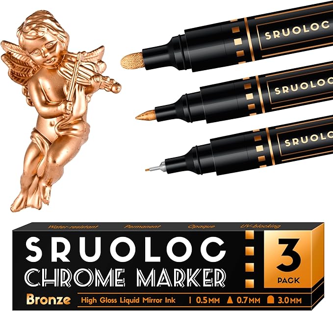 3Pcs Liquid Chrome Paint Markers, Oil-based Permanent Chrome Maker, Gloss Mirror Marker Repairing, Reflective Metallic Pen Markers for Touch Up Model Painting DIY Art Projects, Bronze
