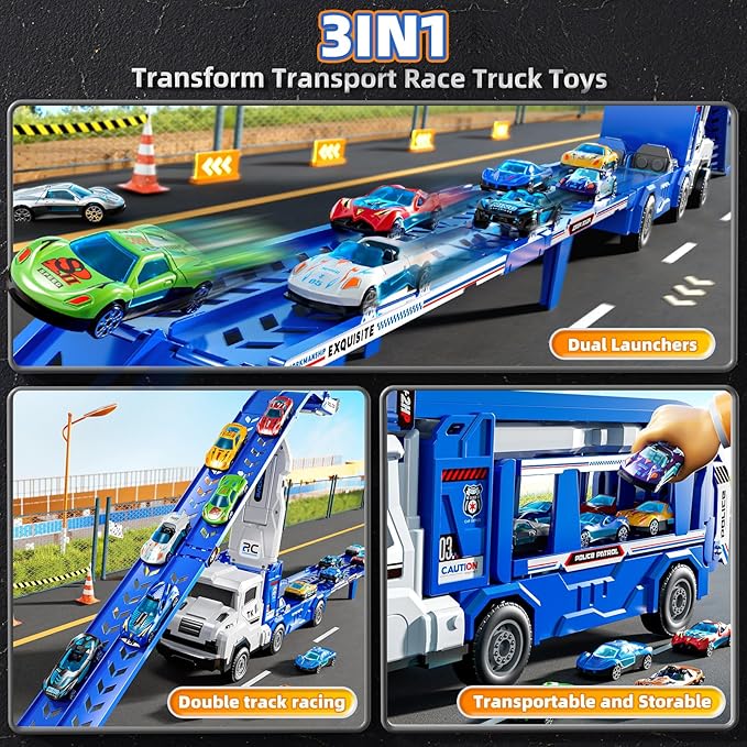 Toddler Car Truck Toys for 3 4 5 6 7 8 Years Old Boys, Transporter Truck Toy Track Set with 12 Die-Cast Car Toys, Toy Gifts for 3 4 5 6 Year Old Boys Kids