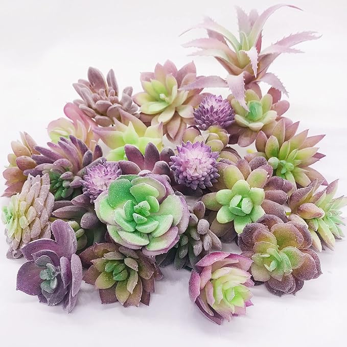 Woohome 25 PCS Artificial Succulent Plants, Purple Fake Succulent Unpotted Faux Succulent Assortment in Flocked in Different Type for Birthday Home Decor Indoor Wall Garden DIY