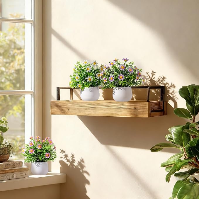 Yarmare 3 Pack Small Fake Plants Artificial Potted Flowers for Indoor Mini Faux Plants with Flowers Greenery for Home Decor Living Room Bathroom Bedroom Office Table Shelf (White+Pink+Purple)