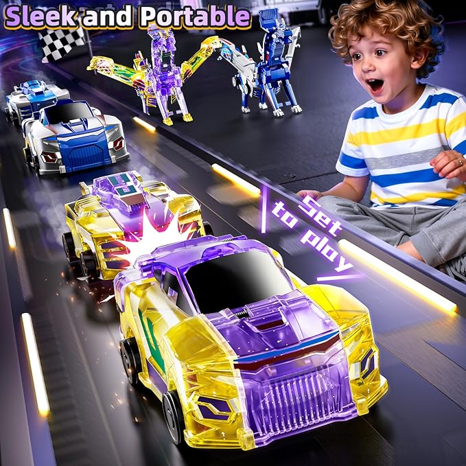 Collision Transforming Dinosaur Car Toy, 2 in 1 Magnet Cars Transform into Dinosaur Toys, Fun Robot Dinosaur Toy Cars Birthday Gift for Kids Boys Girls Age 4-6 6-12 Year Old