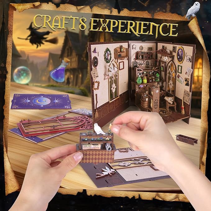Glow in The Dark Book Nook Kits for Adults, Miniature House Dollhouse Kit for Teens, DIY Crafts for Adults, Bookshelf Decor Magic Shop with LED Light, Gifts for Family and Friends