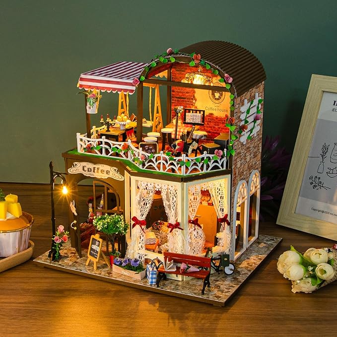 DIY Miniature House Kit, Dollhouse Kit with LED Light, Mini House Building Kits for for Adult to Building, Christmas Home Decorations Gifts for Family and Friends, Coffee Bar