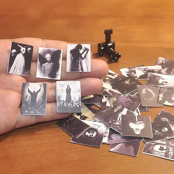 EKKZ 69Pcs Miniature Horror Diorama Set: Mini Black,DSLR Camera Prop, Gothic Posters & Abstract Art for 1:6 Scale Dollhouses - Creepy Display Decor for Adults