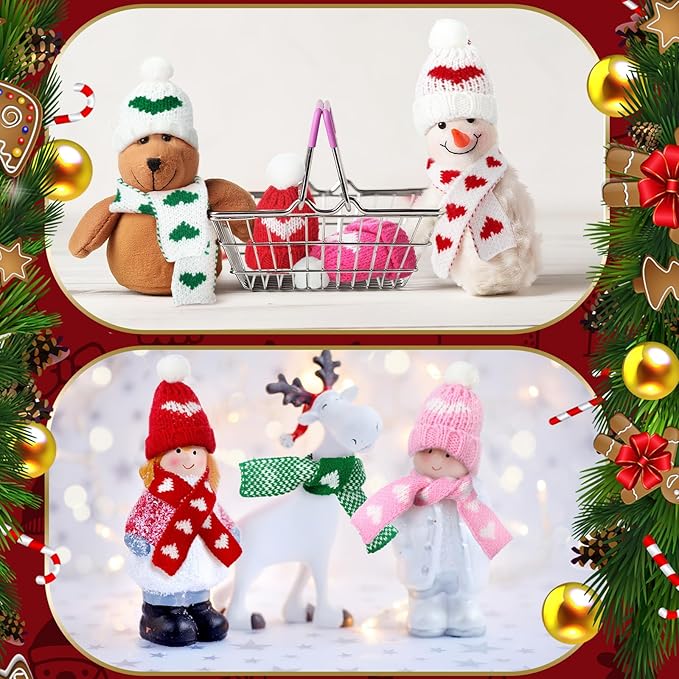 Geyoga 16 Pcs Mini Knit Doll Hat Valentines Day Small Santa Hat for Craft Winter Mini Snowman Hats and Scarf Tree Ornaments Snow Stripe Heart Wine Bottle DIY Decor Gifts