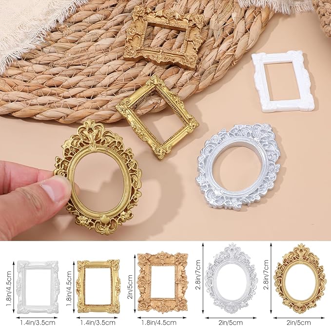 5 Pcs Miniature Picture Frames Vintage Dollhouse Photo Frames with Carved Golden Edges for Wall Hanging Desktop Display Jewelry Showcase Miniature Props for Dollhouse Model Train Garden