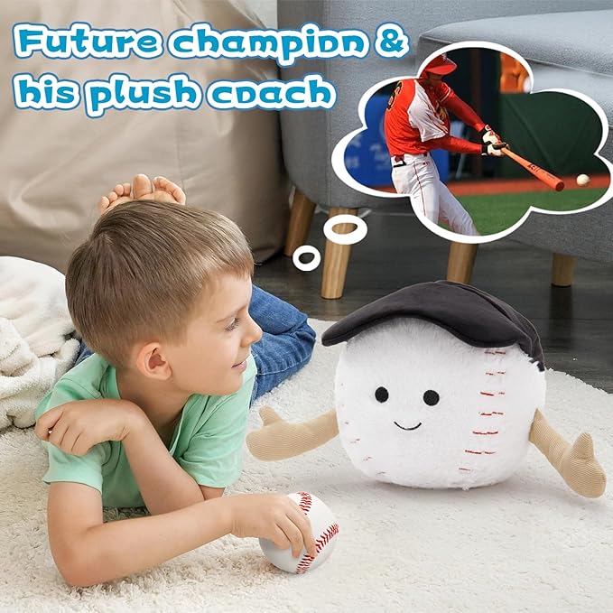 Muiteiur Baseball Plush Toy, Stuffed Ball Plush with Cute Smile & Baseball Cap, Soft Stuffed Sports Toy, for Kids Girls Boys Fans