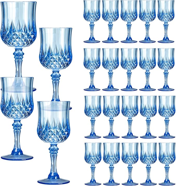 XKXKKE Blue Plastic Wine Glasses Set of 24, Plastic Water Goblets for Parties, Stemmed Drinking Glasses for Wedding Reception, Grand Event Party Bar Supplies Reusable Drinking Cups