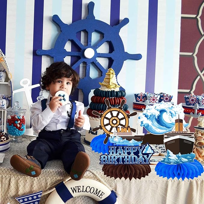 Nautical Theme Party Honeycomb Centerpieces 12-Piece Cruise Ship Classic Movie Table Decorations Ocean Ship Table Centerpieces Nautical Birthday Party Decorations for Baby Shower Supplies