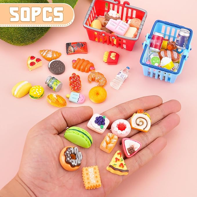 50Pcs Miniature Food Drinks Bottle Soda Pop Cans, Pretend Play Mini Kitchen Game Party Accessories Toys Hamburg Cake Ice Cream for 1/12 Doll House