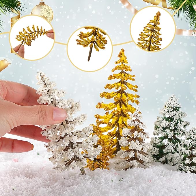 Skylety 35 Pieces Model Trees 1.2-6.3 Inch Mixed Miniature Trees Diorama Supplies Fake Plants Train Scenery Landscape Christmas Village Architecture DIY Crafts(Dark Green, Gold, White,Snowy Cedar)