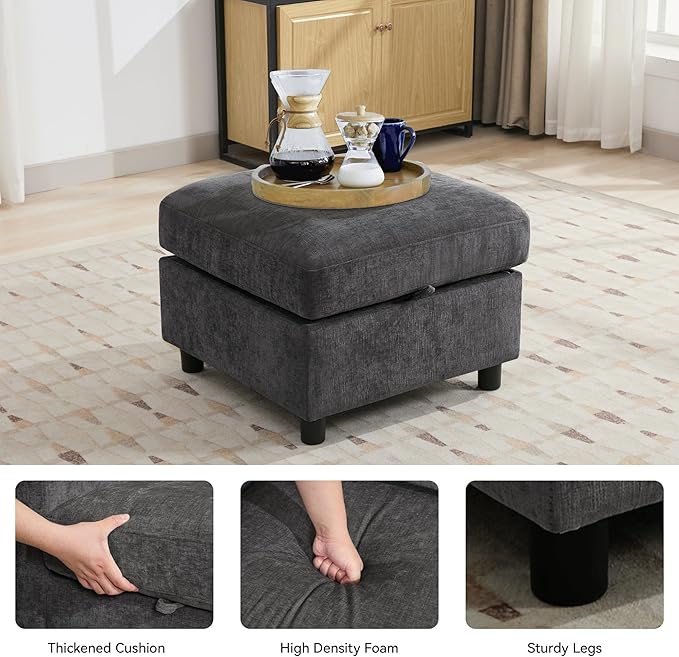 25" Square Storage Ottoman for Modular Couch, Convertible Footrest with Hidden Compartment, Chenille Upholstered Coffee Table & Extra Living Room Seating, Dark Grey