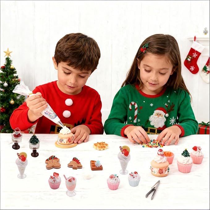 BoFUN Christmas DIY Miniature Food Craft Kit, 20+ Mini Dessert Set for Kids Ages 8-12, Teens & Girls, Dollhouse Accessories, Holiday Party Crafts Birthday Gift for Mini Collector, Non-Edible (Cream)