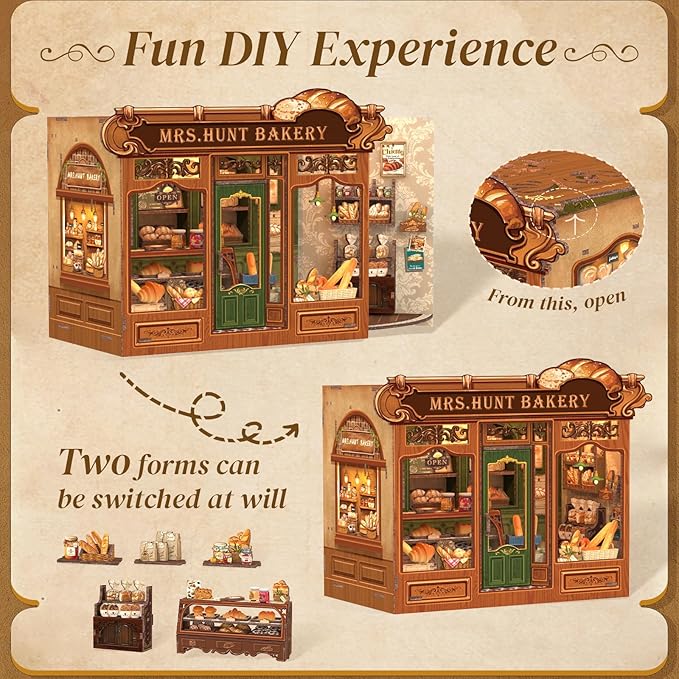 Cutefun Book Nook Kit - DIY Miniature Bread Shop Booknook Kits for Adults and Teens, 3D Wooden Puzzle Bookend Bookshelf with LED Light, Gifts for Family and Friends (Mrs.Hunt Bakery)