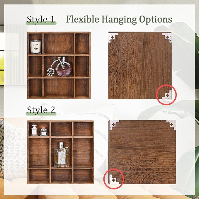 Ikee Design 3 Pcs Set Wooden Shadow Cubby Box Display Shelf Organizer Storage Shadow Box for Collectibles, Mini Figures, 17 compartments, Brown Color, 22.8W x 2.4D x 15.7H in