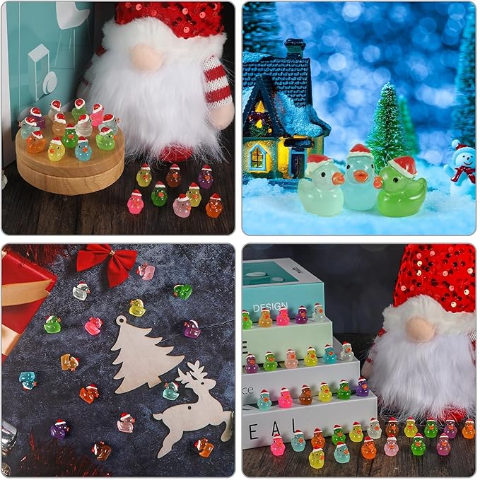 160Pcs Christmas Mini Resin Ducks Luminous Miniature Xmas Hat Animals Glow in The Dark Bulk for Micro Fairy Garden Dollhouse Decor Small Party DIY Slime Kit Prank Game Tiny Figure