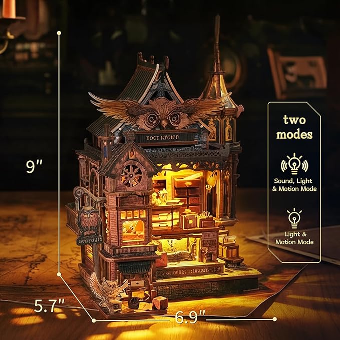 LED 3D Wood Puzzle Owl Post Office, Dynamic Model with Mechanical Gears, DIY Miniature Kit with Music and LED Lights, Home Décor Gift for Adults and Teens