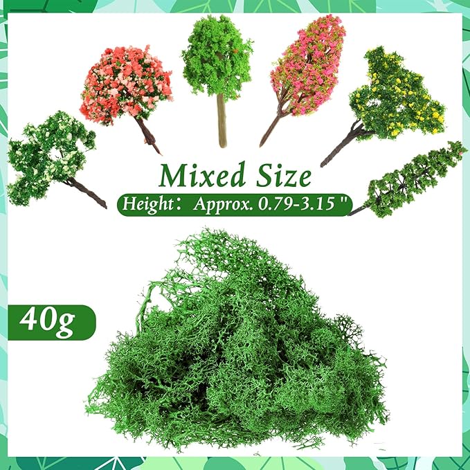 Canlierr 28 Pcs Tiny Model Trees with 40g Faux Green Moss, 0.79-3.15'' Diorama Trees Grass Mini Fake Miniature Trees Diorama Materials Kit for Diorama Box Craft Model Train Fairy Village