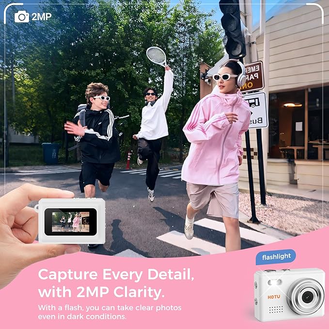 HOTU Mini Keychain Camera, Y2K Portable Mini Digital Camera, 2MP 1080P Video Recording Small Camera with 32GB Card for Kids, Long Battery Life for Travel, Vlog, White